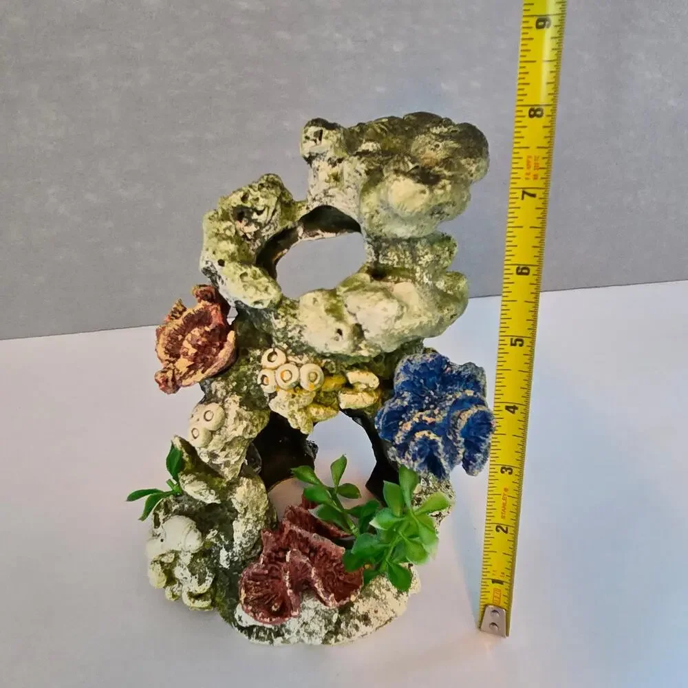 Fish Tank Aquarium Decorations Artificial Plastic Plants 2 Cave Rocks Decor Set